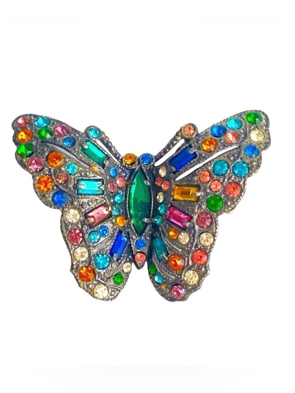 Vintage Pot Metal Rhinestone Butterfly Brooch Colorful Multicolor Rainbow 50s